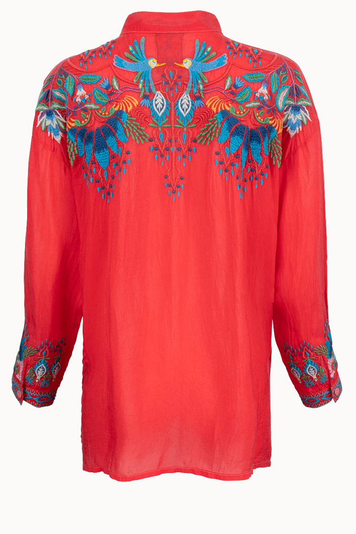 Floral Bird Motif Long Sleeve Tunic Top