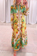 Fruit Floral Button Front Long Sleeve Maxi Dress