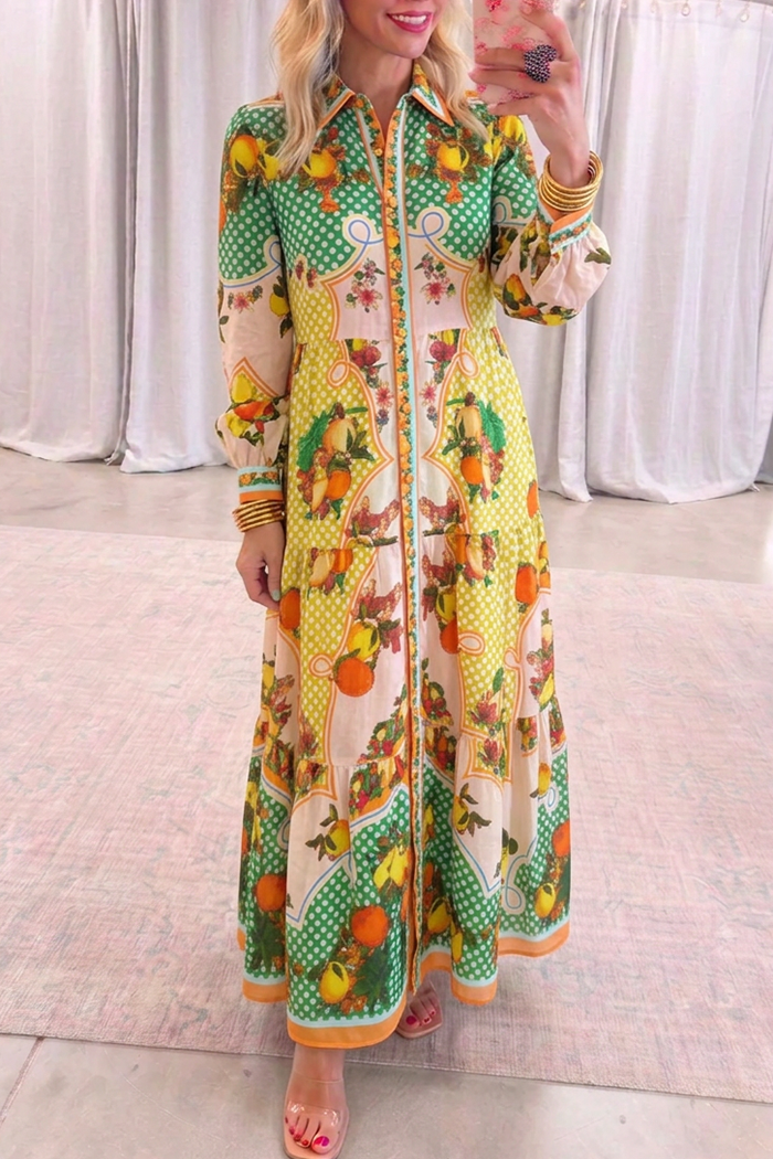 Fruit Floral Button Front Long Sleeve Maxi Dress