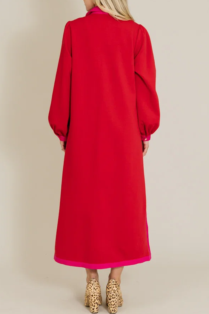 Contrast Trim Puff Sleeve Patch Pockets Side Slits Maxi Dress