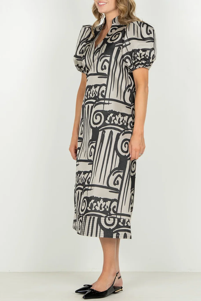 Jacquard Puff Sleeve A‑Line Maxi Dress