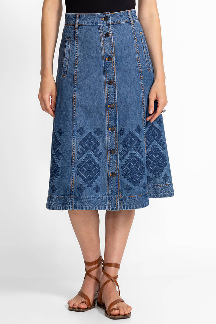 Button Front Panel Denim Midi Skirt