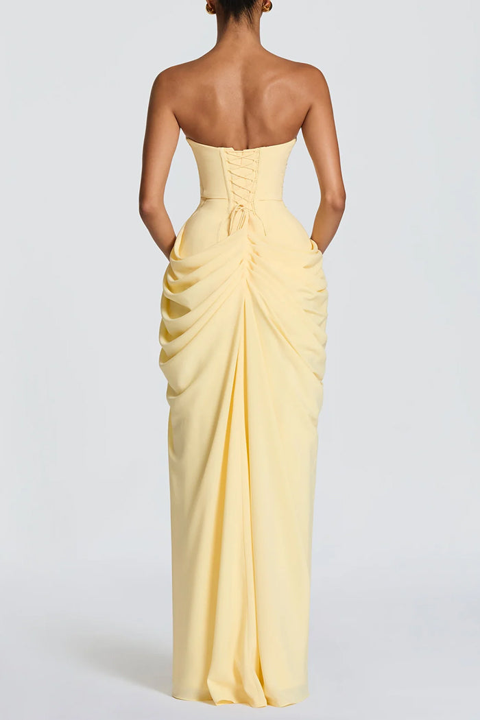 Strapless Ruched Corset Bodice High Slit Lace Up Back Chiffon Maxi Dress