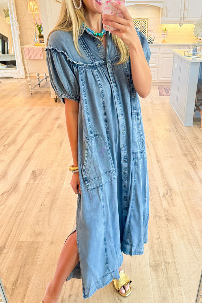 Puff Sleeve Button Denim Dress