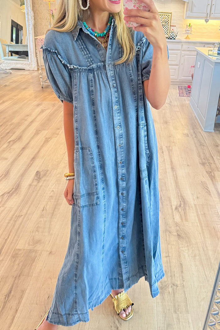 Puff Sleeve Button Denim Dress