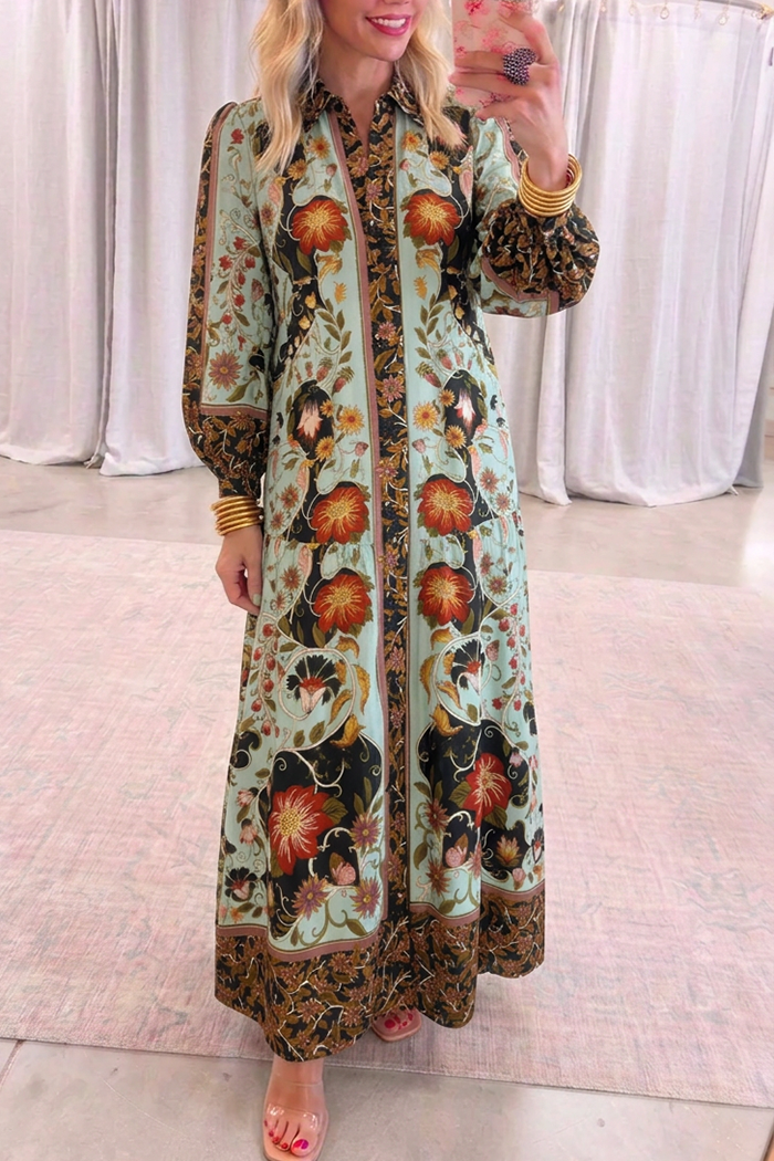 Pale Mint Green Contrast Floral Tiered Maxi Dress