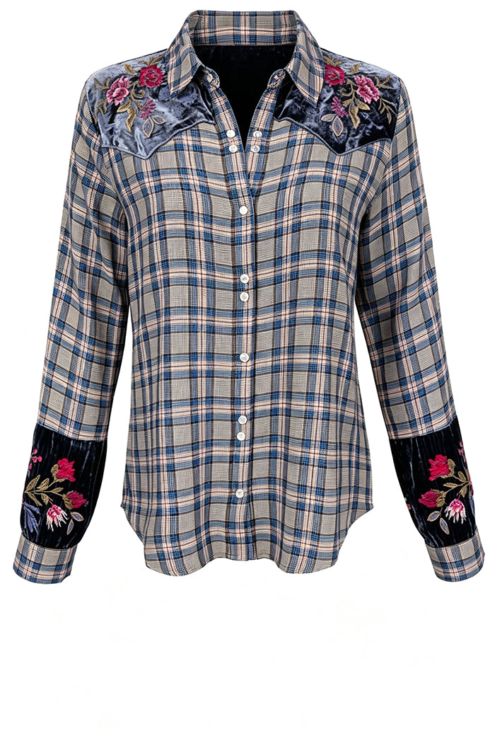 Puff Sleeve Western Plaid Shirt Top