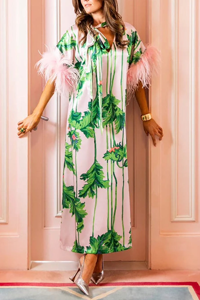 Botanical Print Feather Embellishment Dress