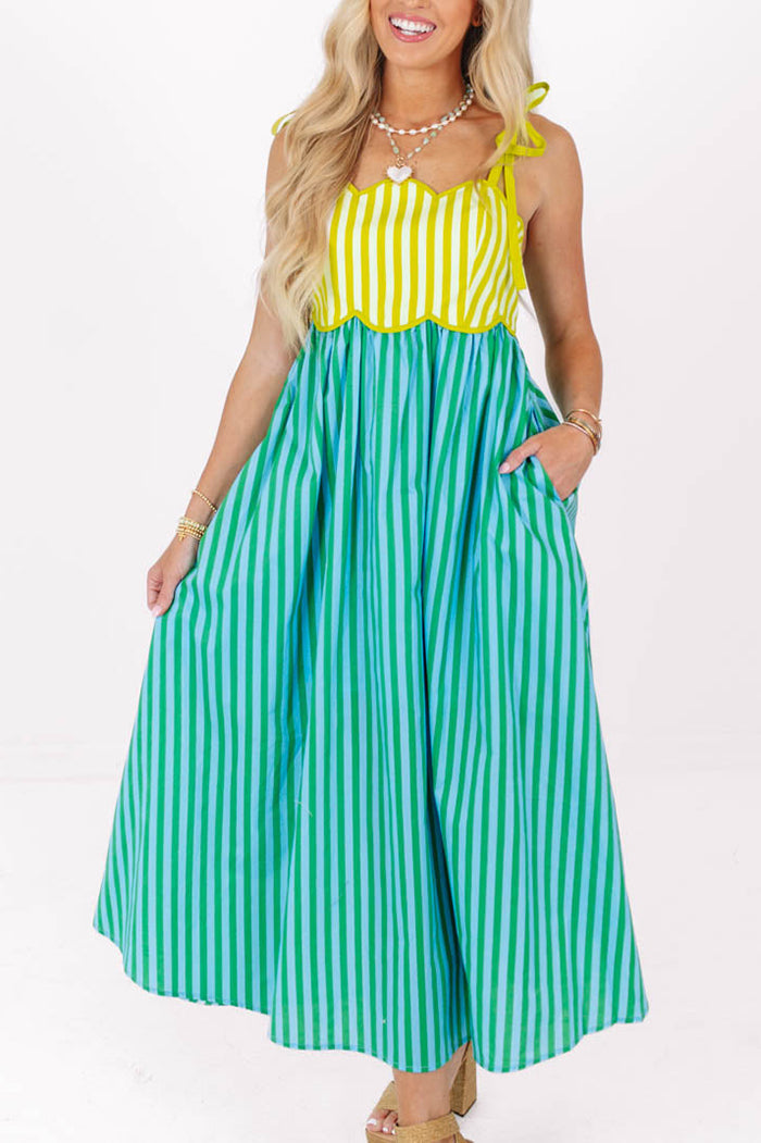 Adjustable Tie Strap Contrast Stripe Scalloped Midi Dress