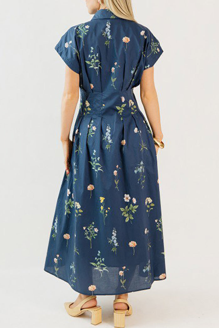 Navy Floral Pleated Pocket Dress