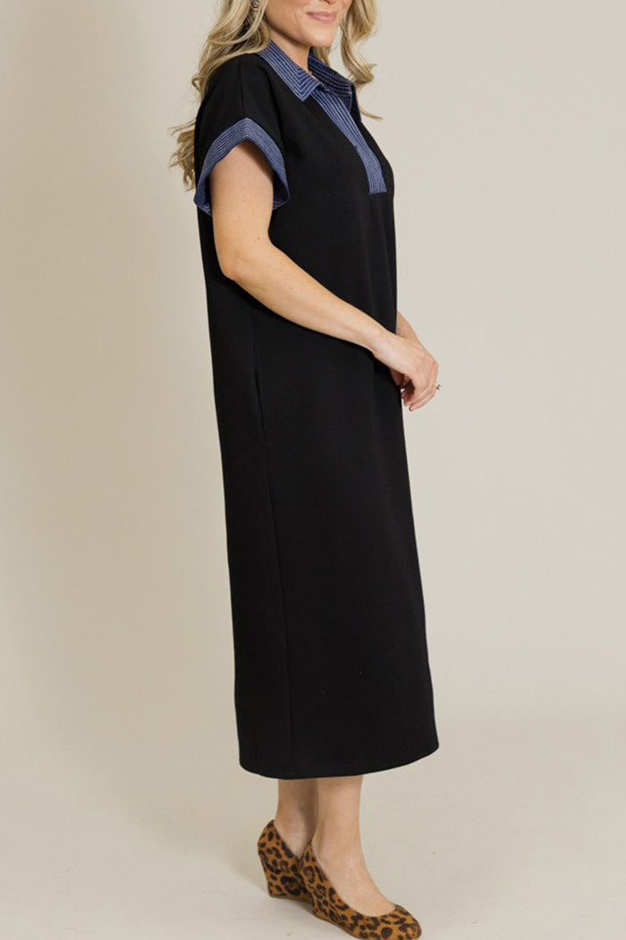 Contrast Stitch Collared Short Sleeve Pocket Midi Dress
