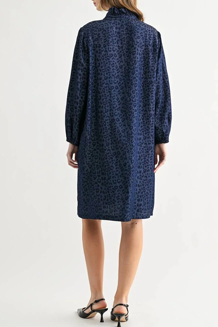 Leopard Print Ruffle Mock Neck Half Button Long Sleeve Dress