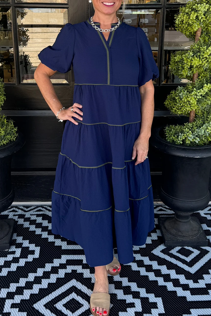 Contrast Puff Sleeve Tiered Pocket Maxi Dress