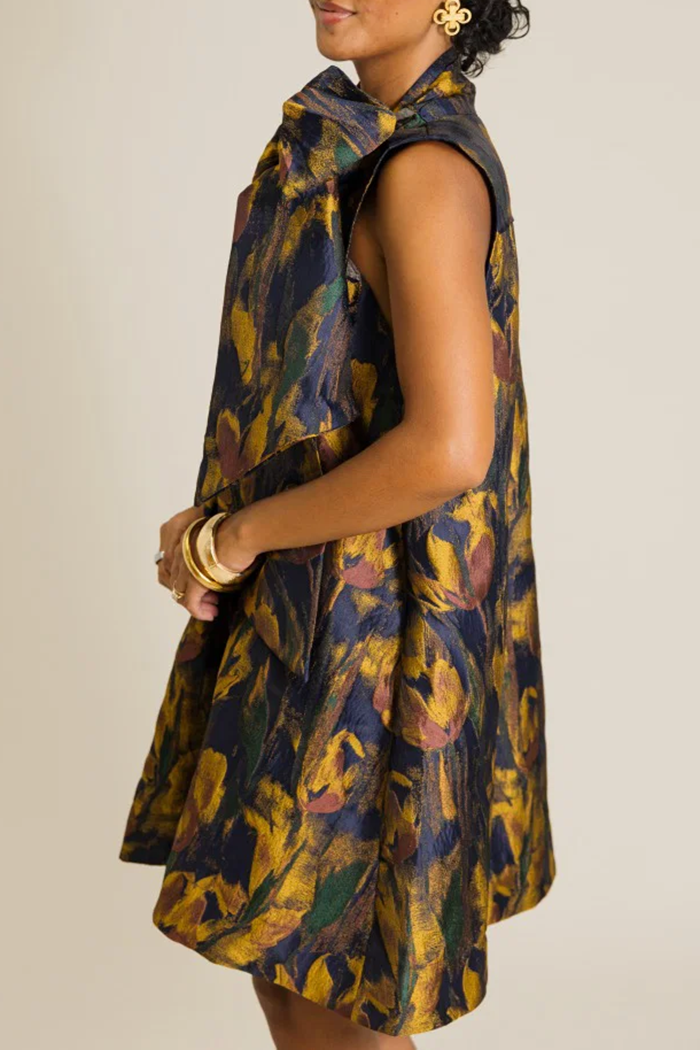 Tie‑Neck Bow Jacquard Sleeveless Side Pockets Shift Dress