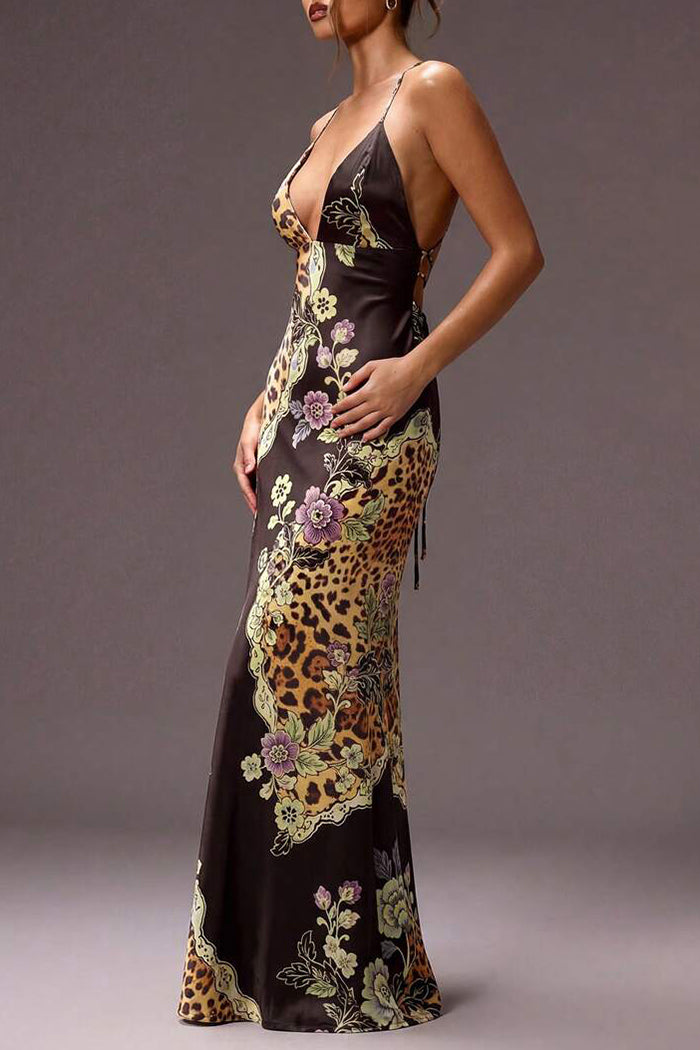 Leopard Floral Patchwork Spaghetti Strap Mermaid Maxi Dress