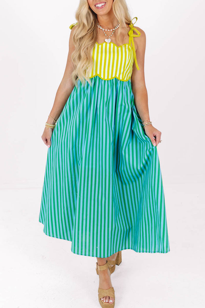 Adjustable Tie Strap Contrast Stripe Scalloped Midi Dress