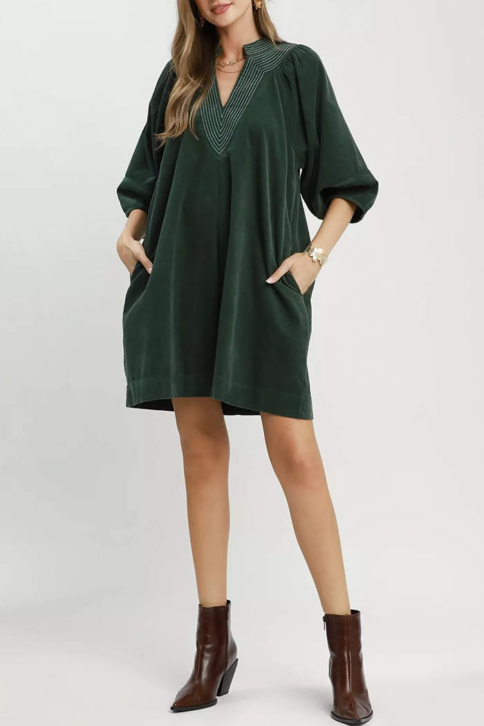 Contrast Stitch Corduroy 3/4 Sleeve Pocket Dress