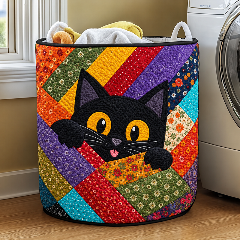 Rainbow Patchwork Black Cat Quilted Laundry Basket