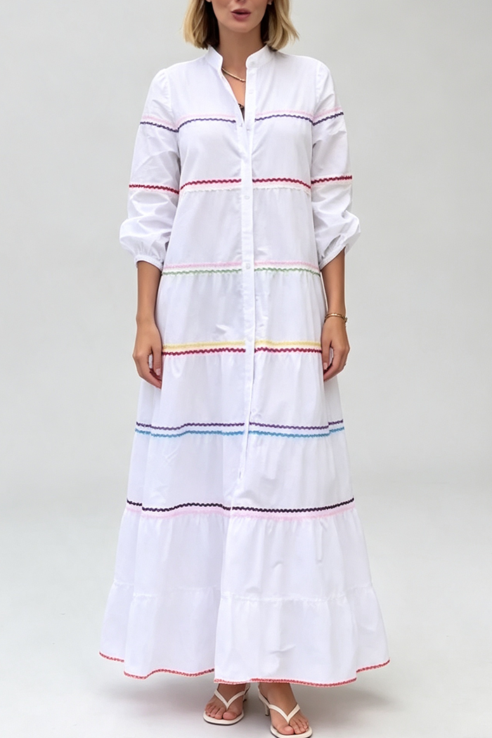 White Multicolor Trim Tiered Maxi Dress