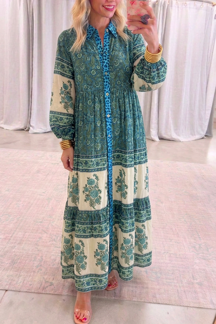 Floral Contrast Placket Tiered Maxi Dress