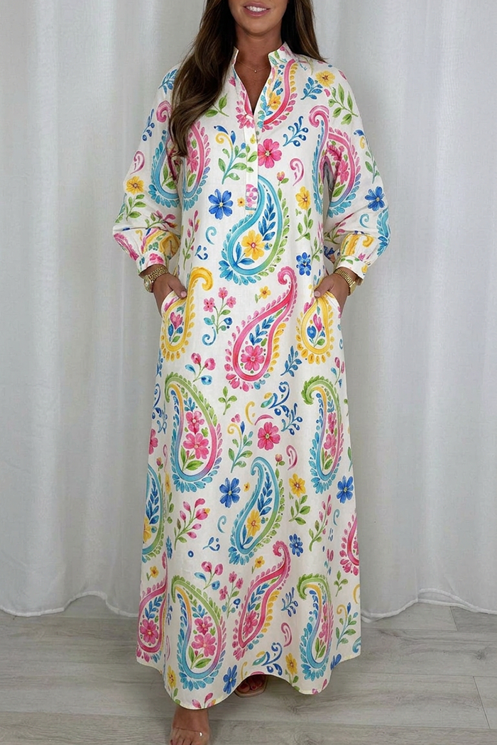 Casual V-Neck Paisley Print Maxi Dress