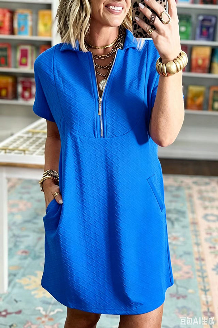 Collared Short Sleeve Textured Half Zip Pocket Dress