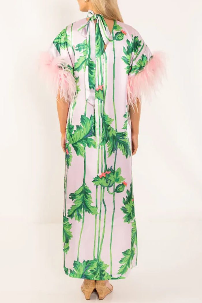Botanical Print Feather Embellishment Dress