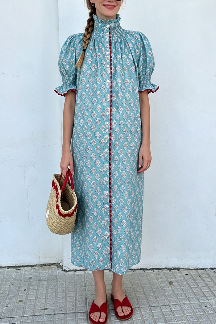 Turquoise Puff Short Sleeve Smocked Ruffle Neck Floral Dress