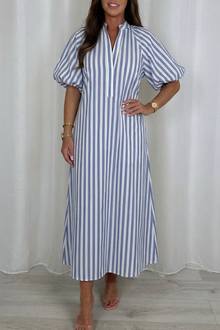Casual V-Neck Striped Puff Sleeve Dress