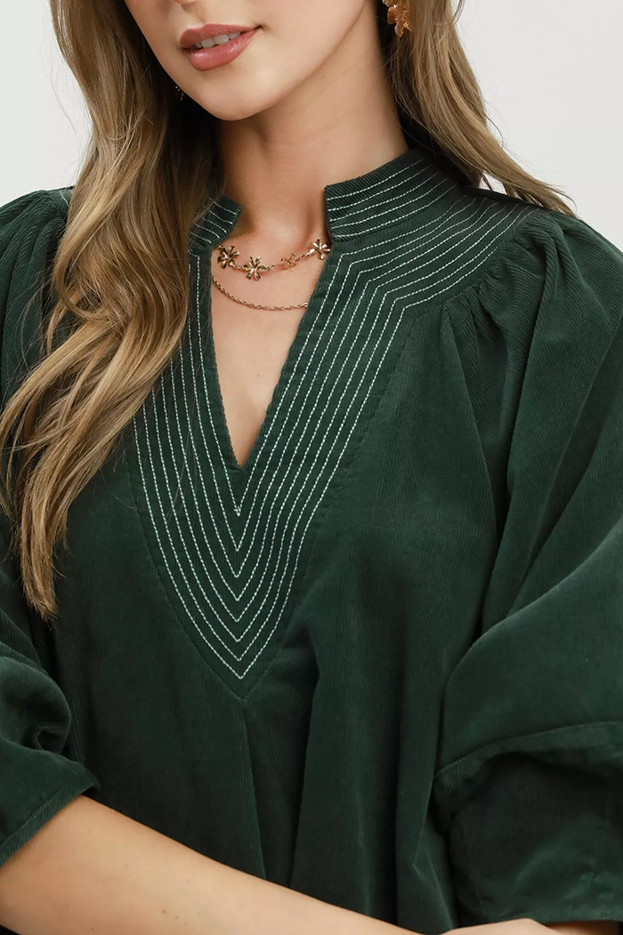 Contrast Stitch Corduroy 3/4 Sleeve Pocket Dress