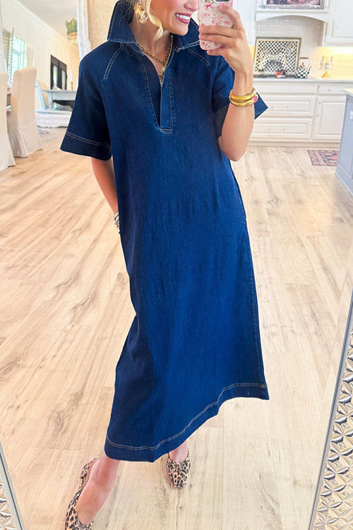 Casual Denim Pocket Midi Dress