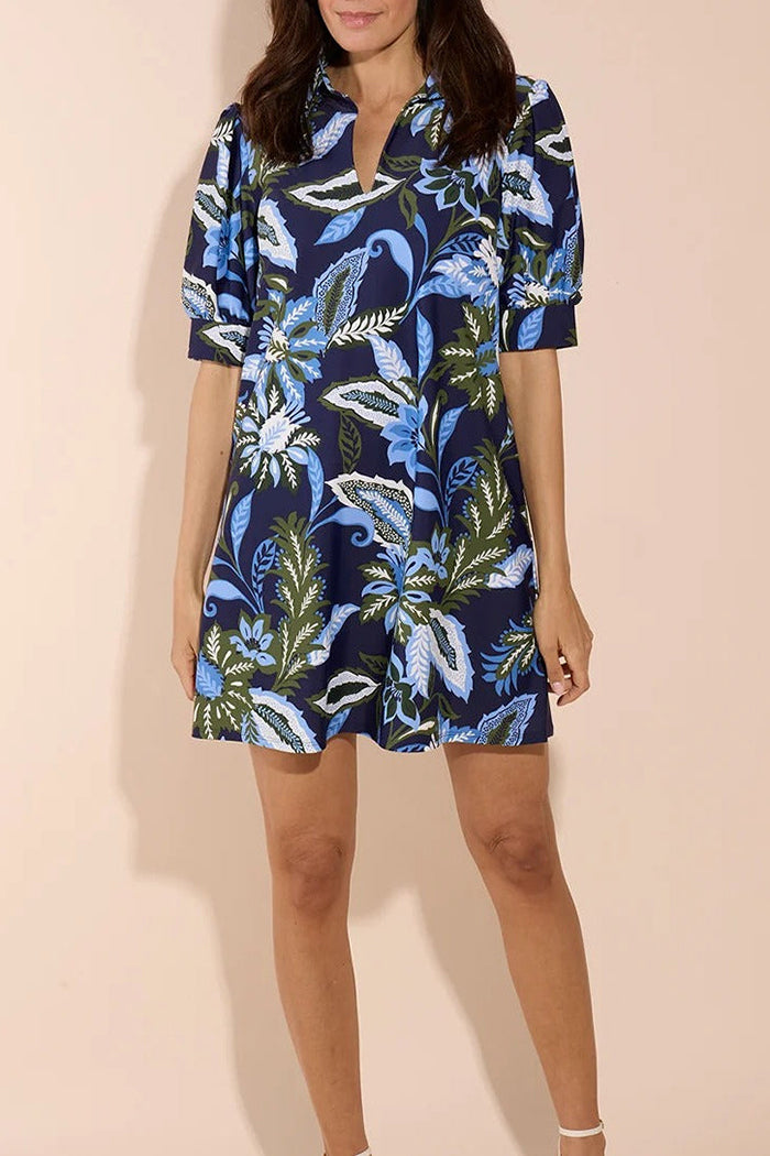 Floral Collared Puff Sleeve Pocket Dress