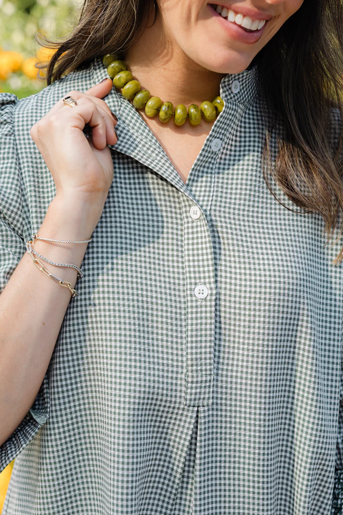 Green Gingham Seersucker Stand Collar A‑line Dress