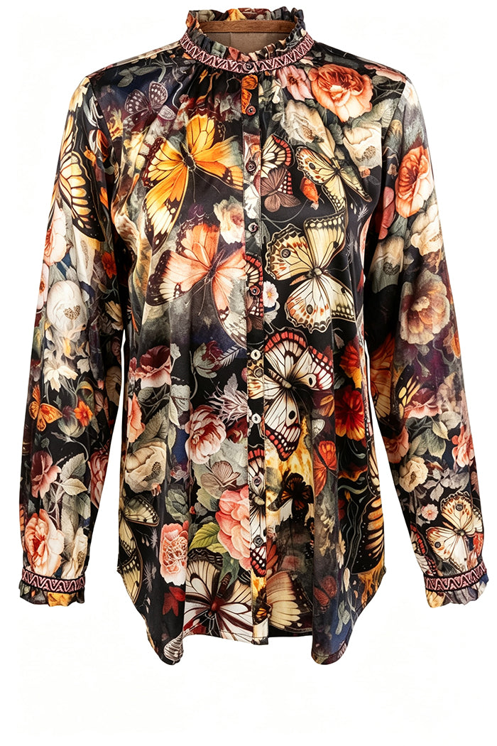 Vintage Butterfly Floral Ruffle Neck Top