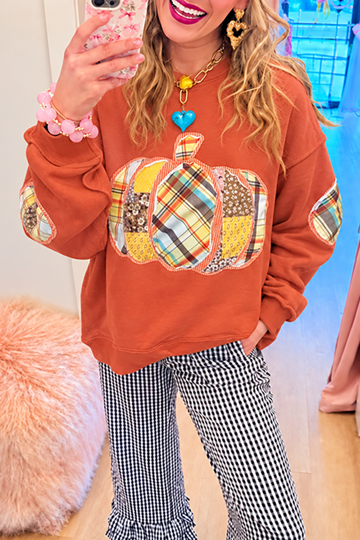 Burnt Orange Patchwork Pumpkin Crewneck Sweatshirt