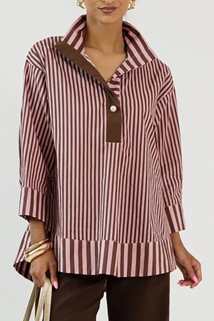 Casual Stripe Pearl Button Top