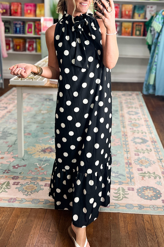 Tie Neck Polka Dot Ruffle Maxi Dress
