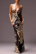 Leopard Floral Patchwork Spaghetti Strap Mermaid Maxi Dress