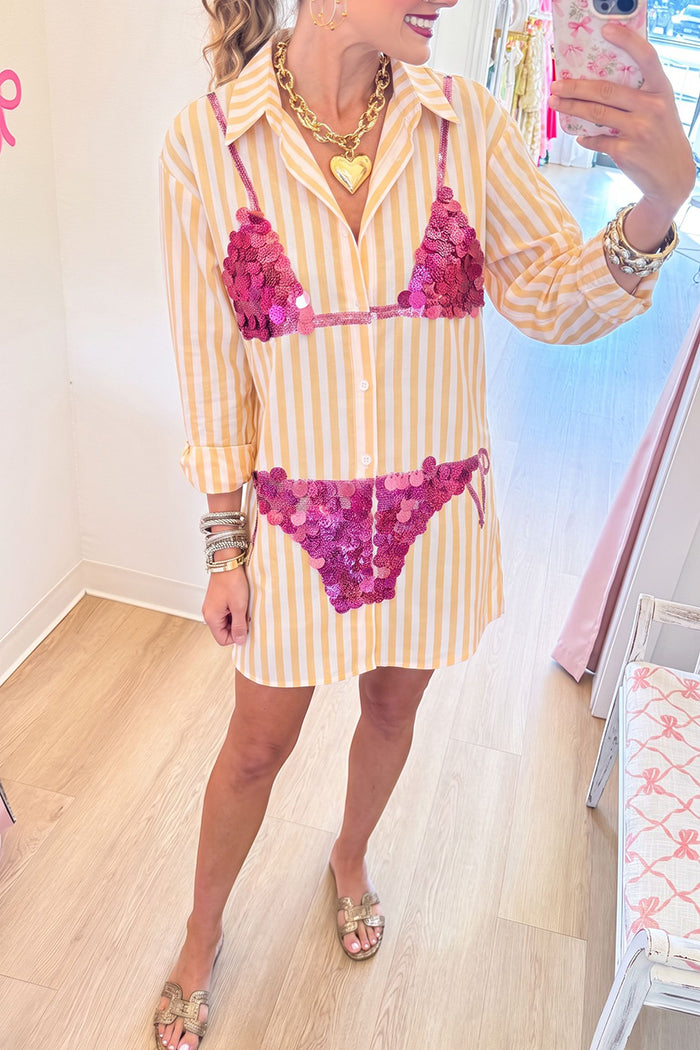 Casual Striped Pink Paillette Bikini Tunic