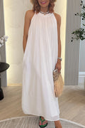 Scalloped Gathered Sleeveless Pocket Dress