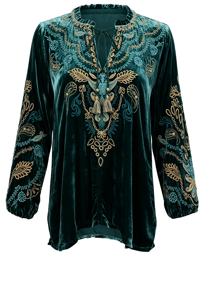 Ruffled Collar Long Sleeve Velvet Top