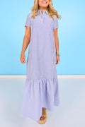 Mixed Stripe Collared Short Sleeve Tiered Maxi Dress