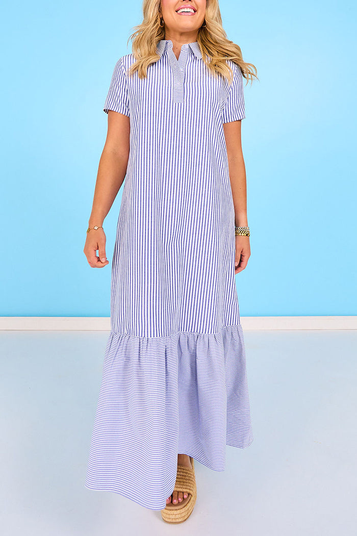 Mixed Stripe Collared Short Sleeve Tiered Maxi Dress