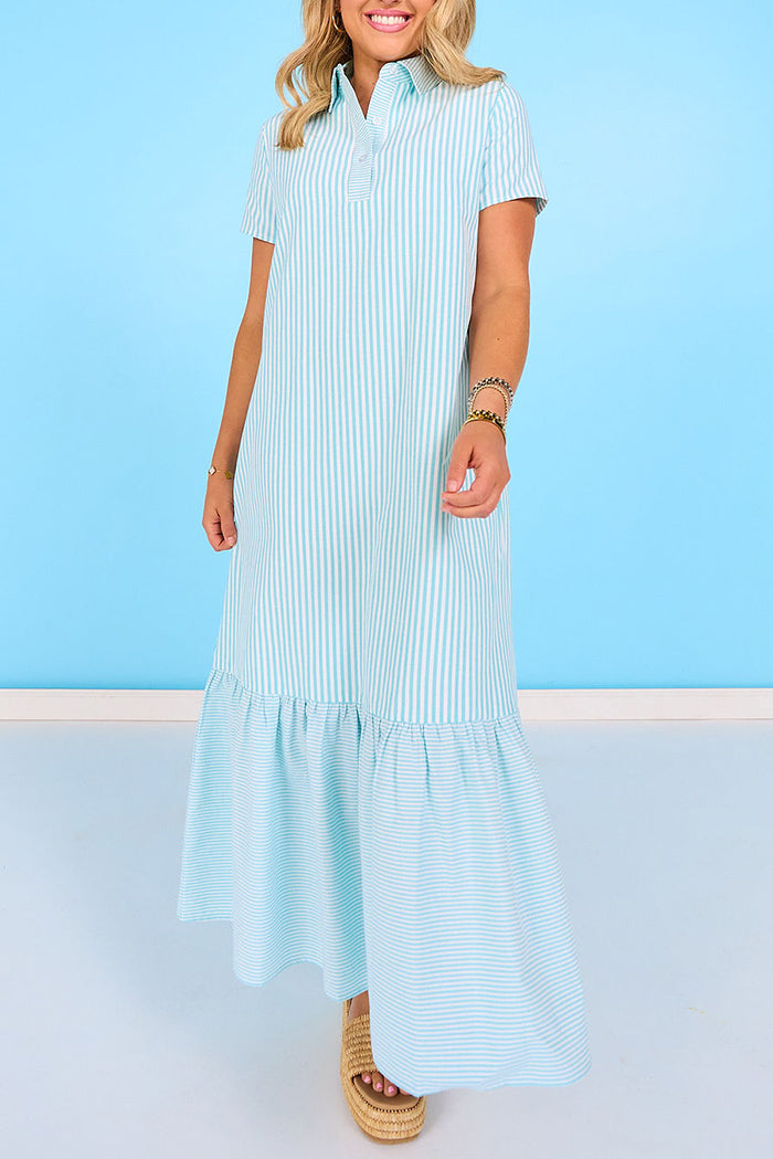 Mixed Stripe Collared Short Sleeve Tiered Maxi Dress