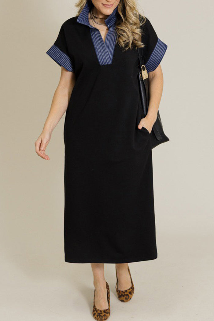 Contrast Stitch Collared Short Sleeve Pocket Midi Dress