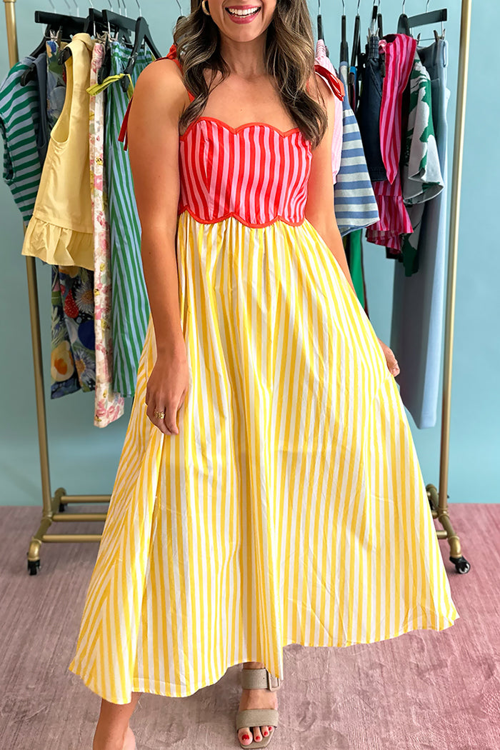 Adjustable Tie Strap Contrast Stripe Scalloped Midi Dress