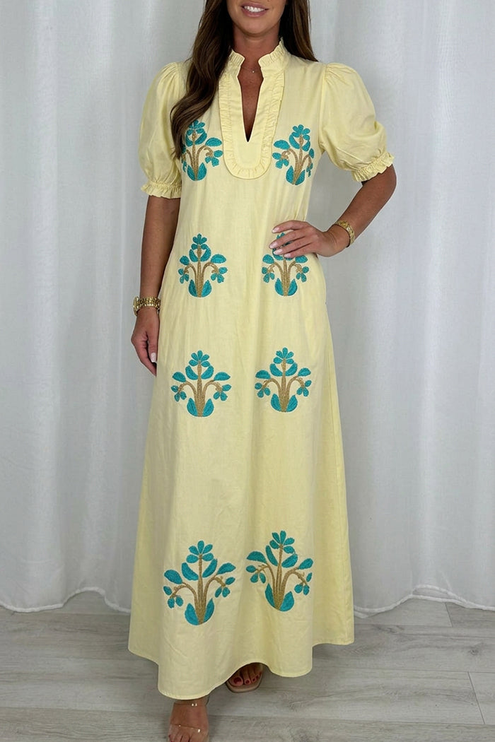 Puff Ruffle Cuff Botanical Graphic Maxi Dress