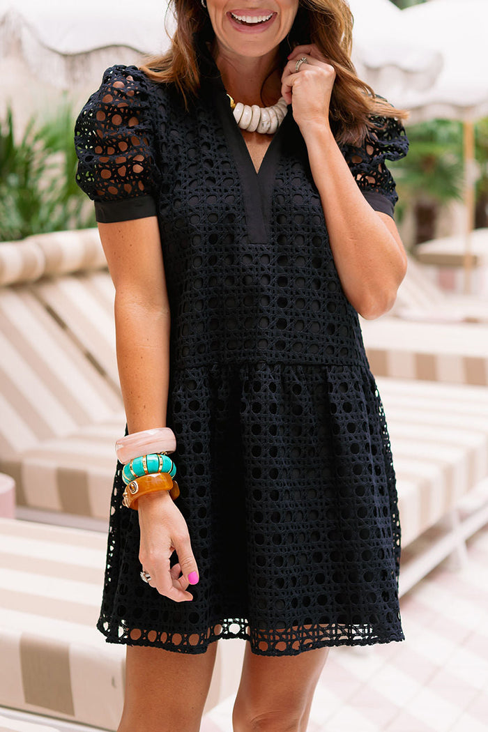 Puff Sleeve Eyelet Lace Tiered Dress