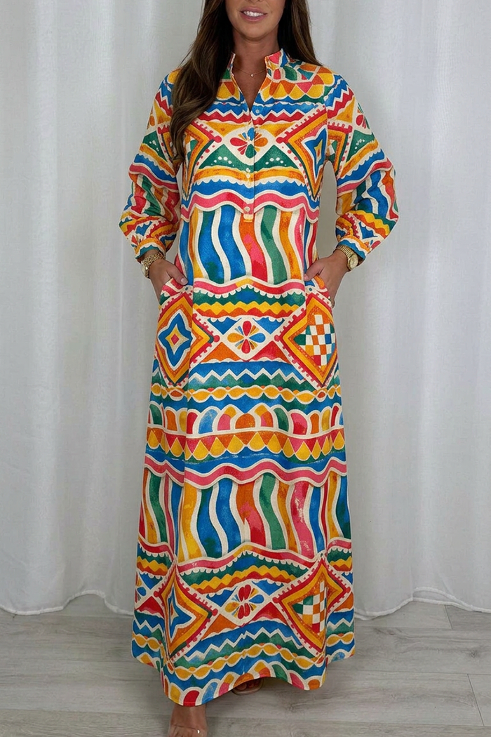 Casual V-Neck Retro Print Maxi Dress