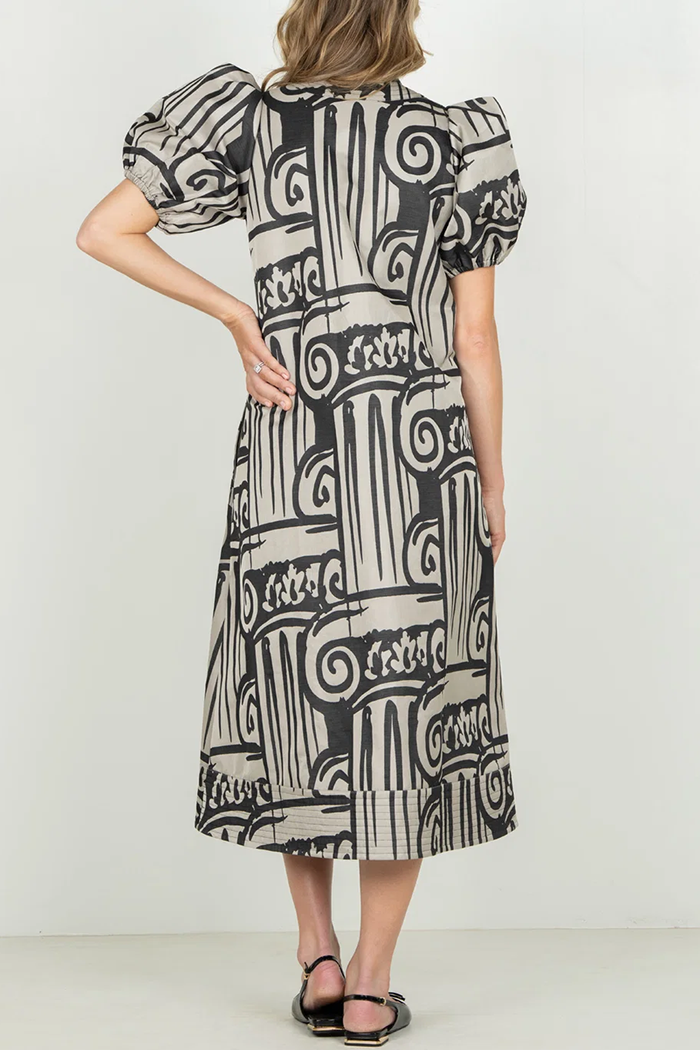 Jacquard Puff Sleeve A‑Line Maxi Dress